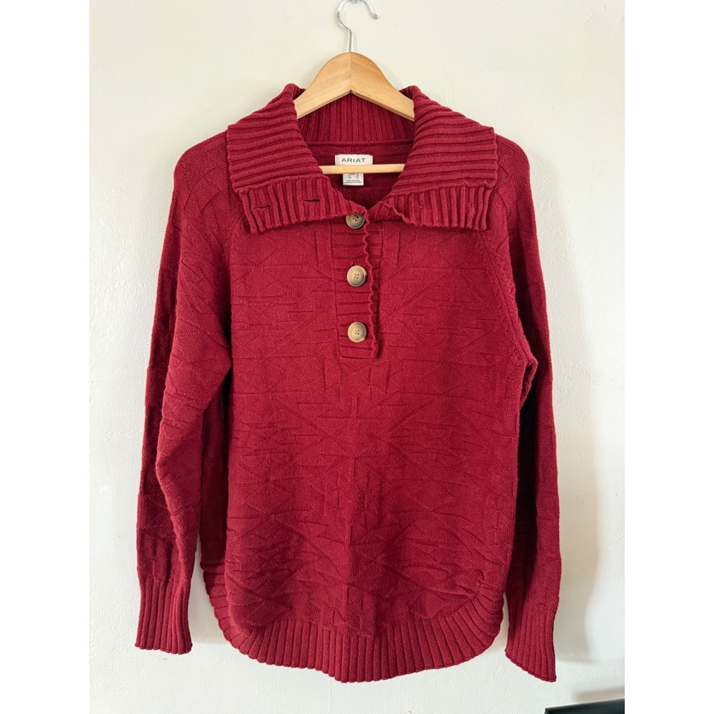 Ariat Ornate Pullover Sweater Womens Medium Red Geometric Button Neck